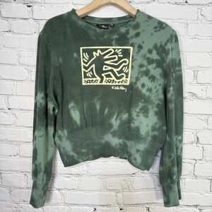 Keith‎ Haring Long Sleeve Crop Top Sweatshirt Size XXL Dancing Dog Green Tie Dye